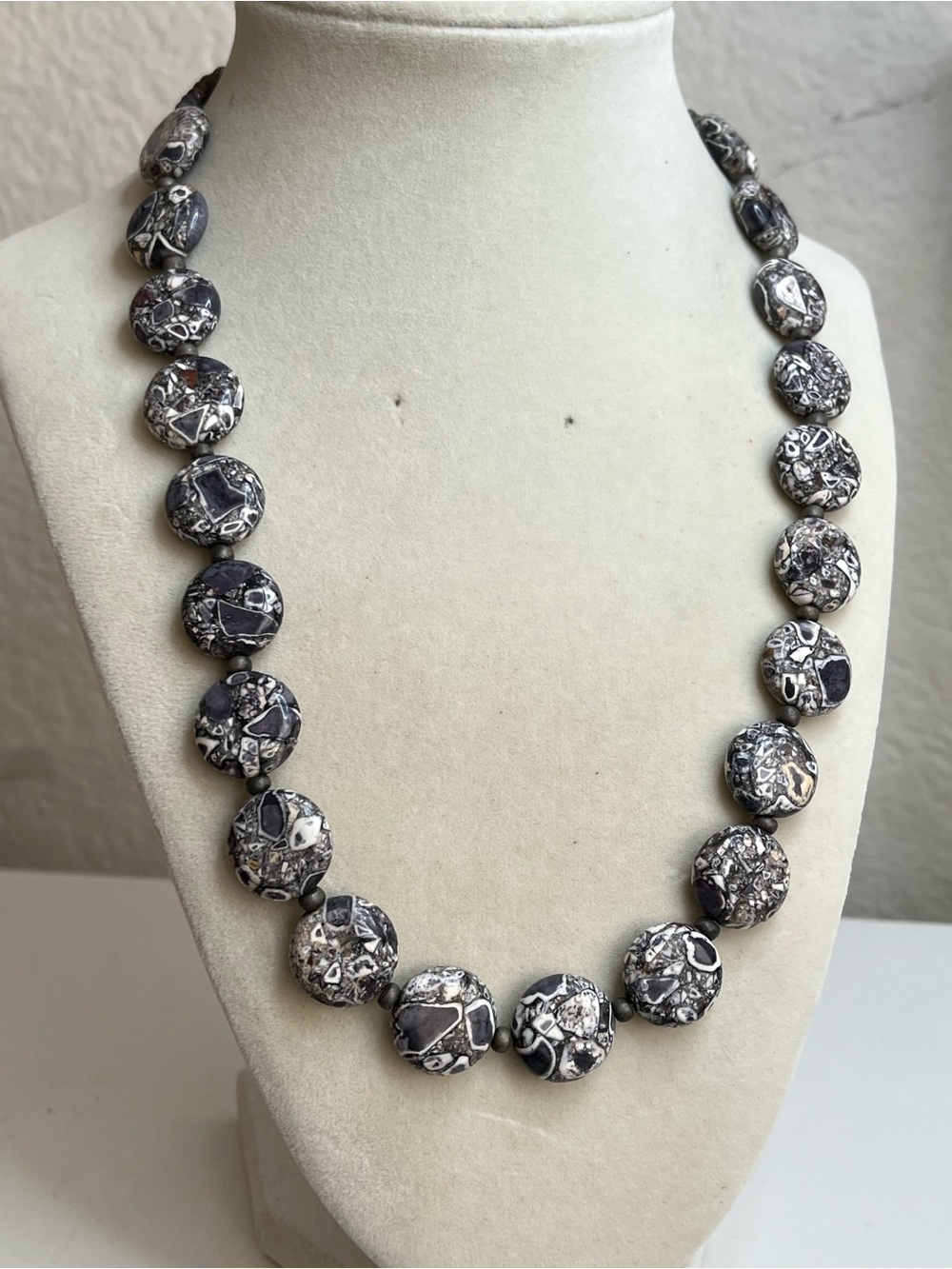 Black and white marbled stone toggle necklace 20”